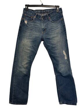 American Eagle Mens Distressed Straight Leg Jeans 32x32 Blue Denim